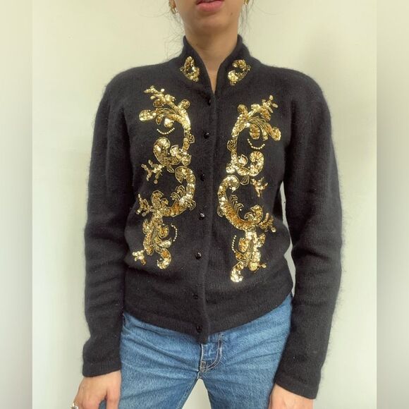 Karen Scott Sweaters - Vintage Karen Scott Black Silk Wool Sequin Beaded Knit Cardigan Sweater Size M